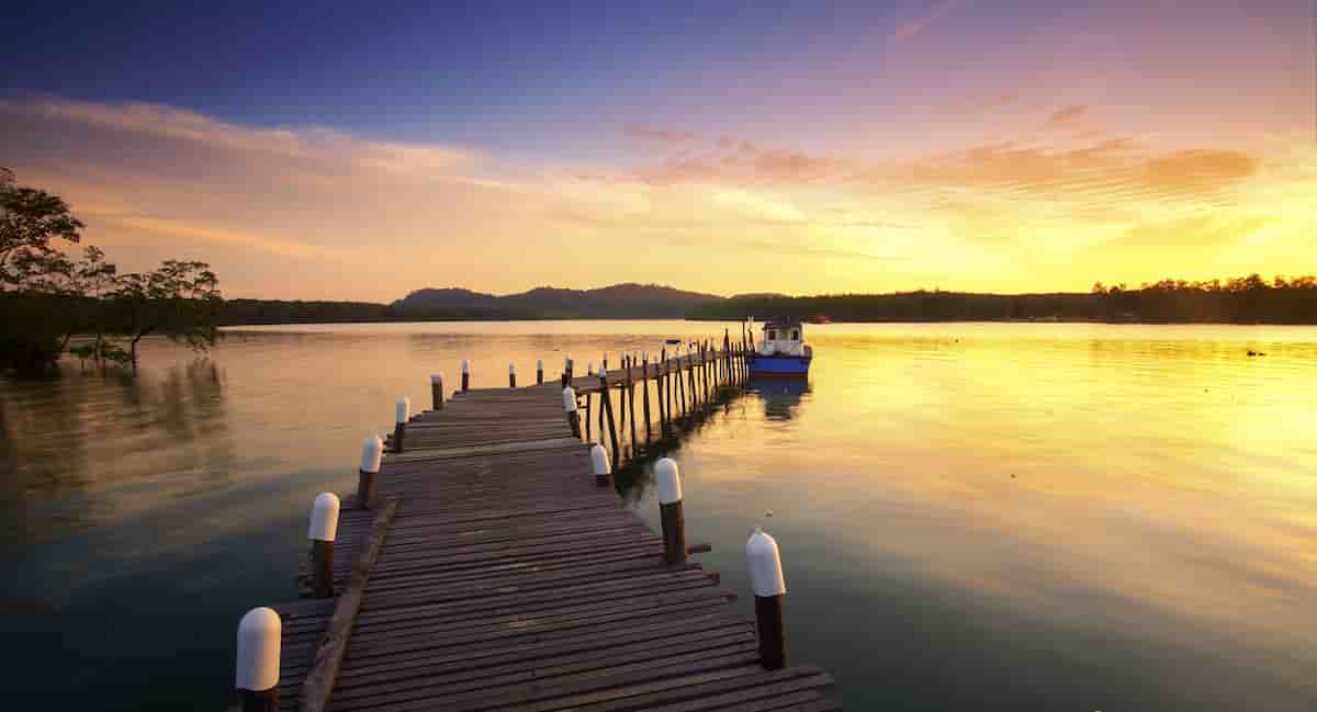 Wooden boat dock on Lake Guntersville Alabama at morning