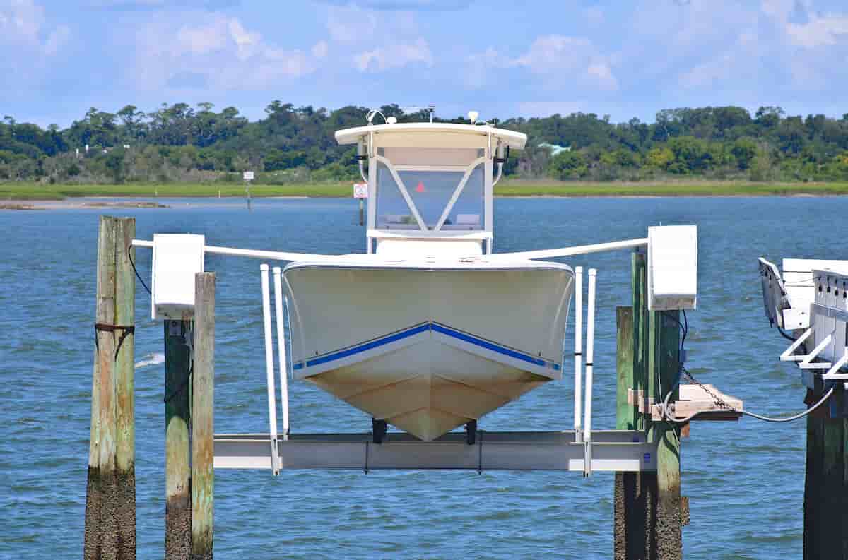 Boat lift cradle raised inside a boathouse on Lake Guntersville